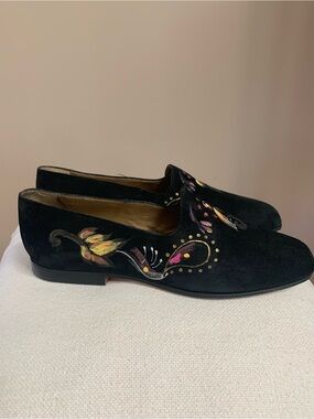 Rare Stephane Kelian Black Suede Loafers with hand painted detailing (SZ 5.5)